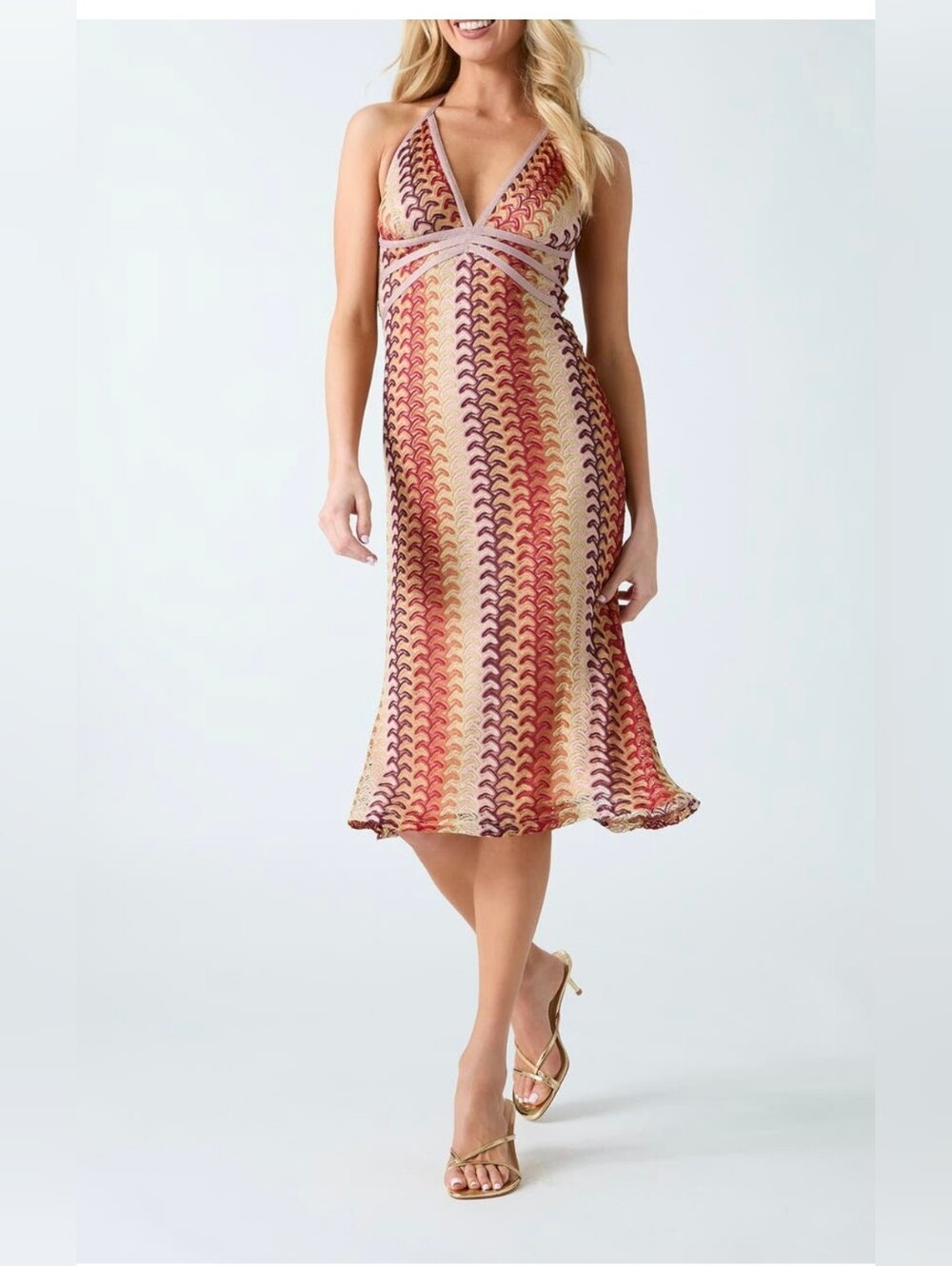 Guess Fearne Metallic Halter Crochet Midi Dress Pink, Red, Gold NWT Med $158